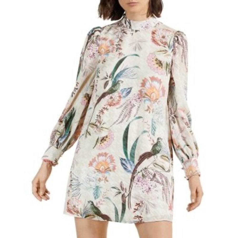 Ted Baker Decadence Shift Mini Dress Women 3 US 8 Floral Bird Puff Houndstooth